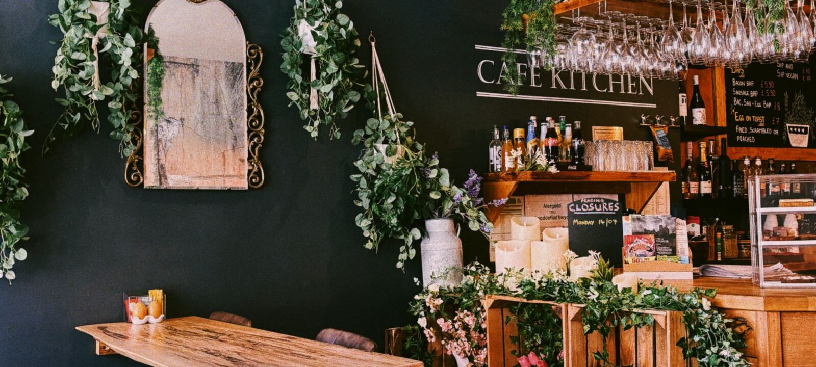 Cosy cafe interior with warm lighting